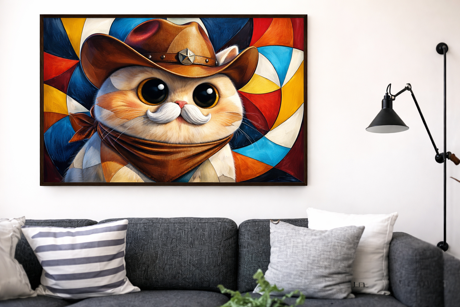 A framed image of a wide-eyed cowboy cat character hanging above a couch.